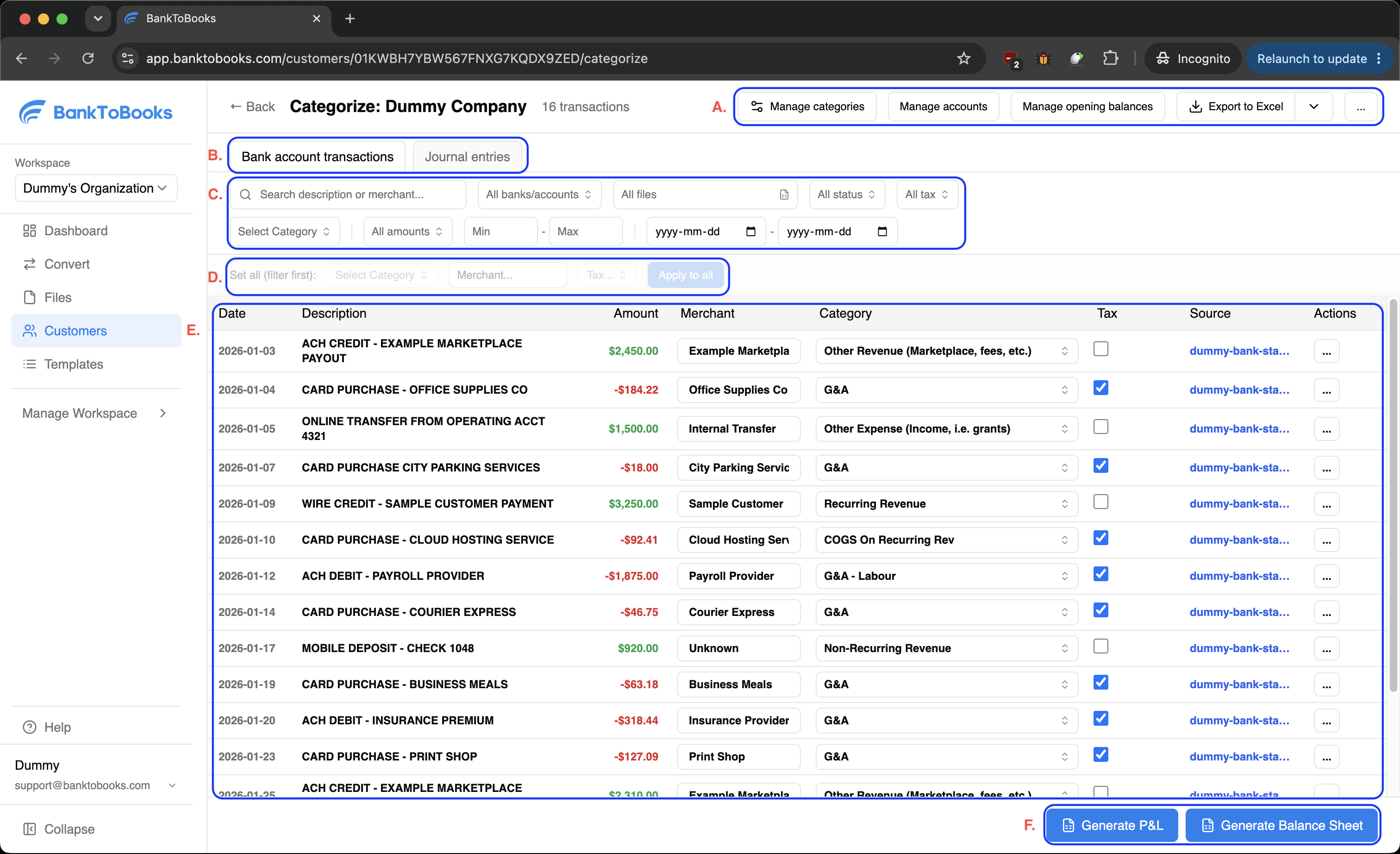 BankToBooks categorize screen showing transactions with merchant and category columns and report generation actions.