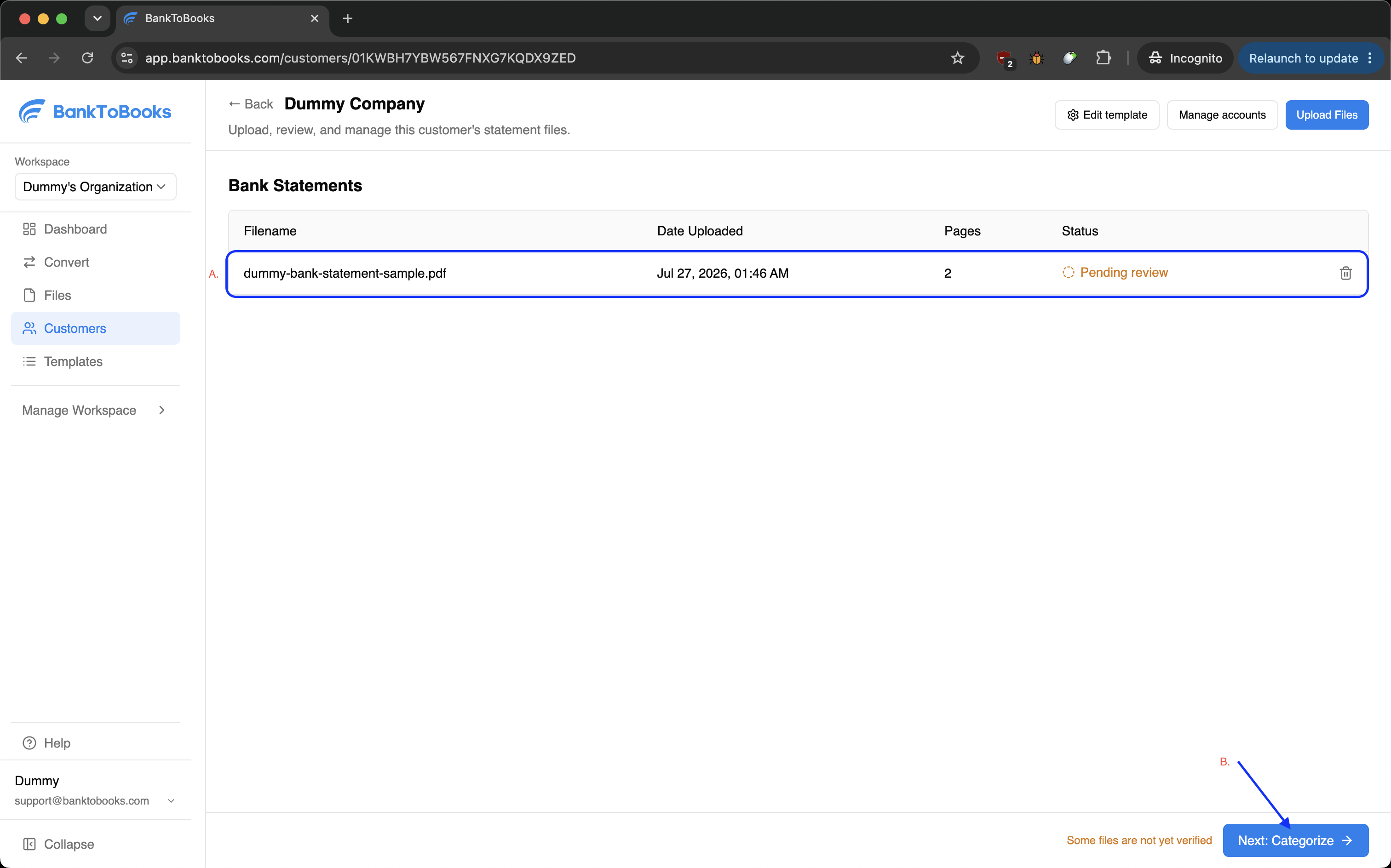 BankToBooks customer statement file list with a file row and the Next: Categorize button marked.