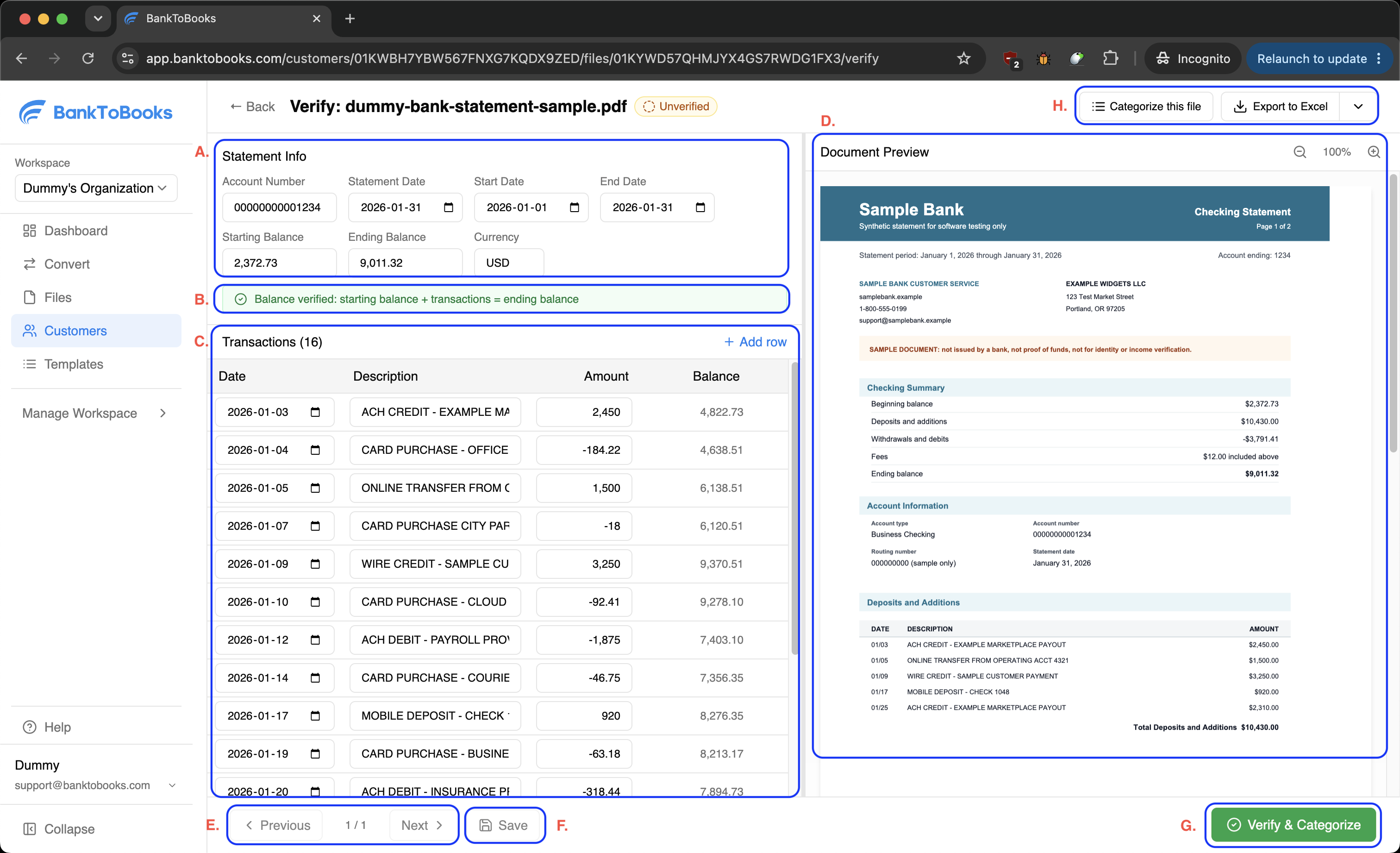 BankToBooks verification screen with extracted statement details beside a statement preview.
